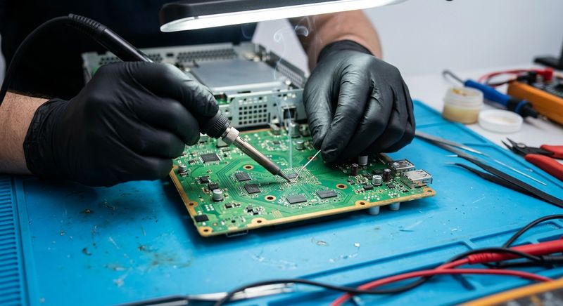 Gloved hands soldering the circuit board of a disassembled game console under a bench light
