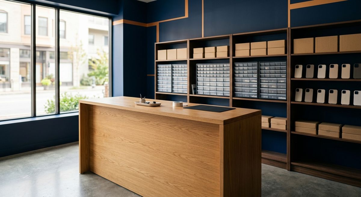 Clean repair shop interior with a wooden service counter, parts drawers, and phone cases on navy shelves
