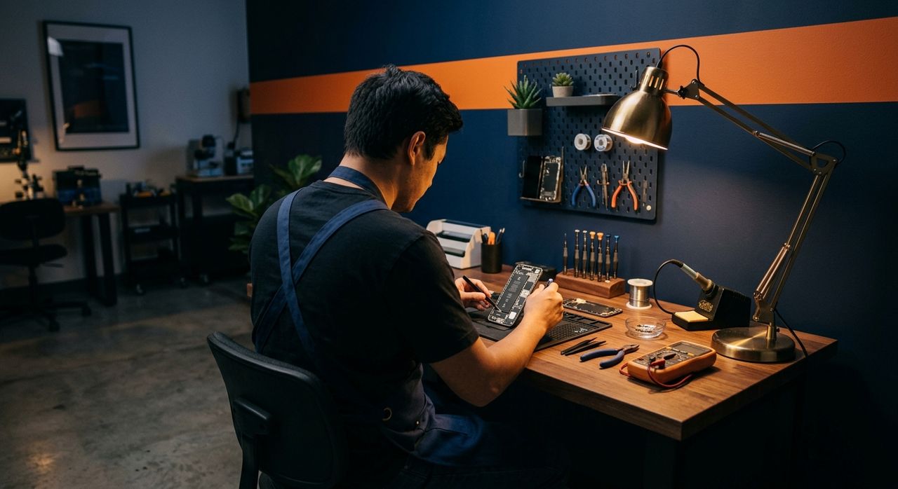 Technician in a navy apron repairing an opened smartphone at a warmly lit workbench with screwdrivers laid out